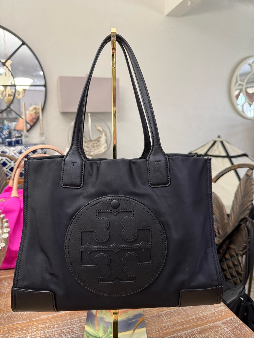 Tory Burch Small Ella Black Nylon with Logo Tote, 13” x 10 1/2” x 4” Wide. EUC - Picture 2 of 10